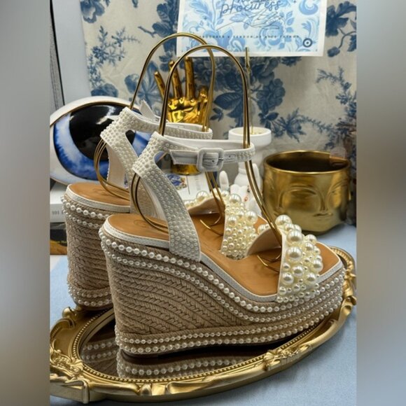 🆕 GIANNI BINI 🧿 NWOB Savanna Pearl Ornamented Platform Wedge Sandals, Sz 7.5 - Picture 10 of 12